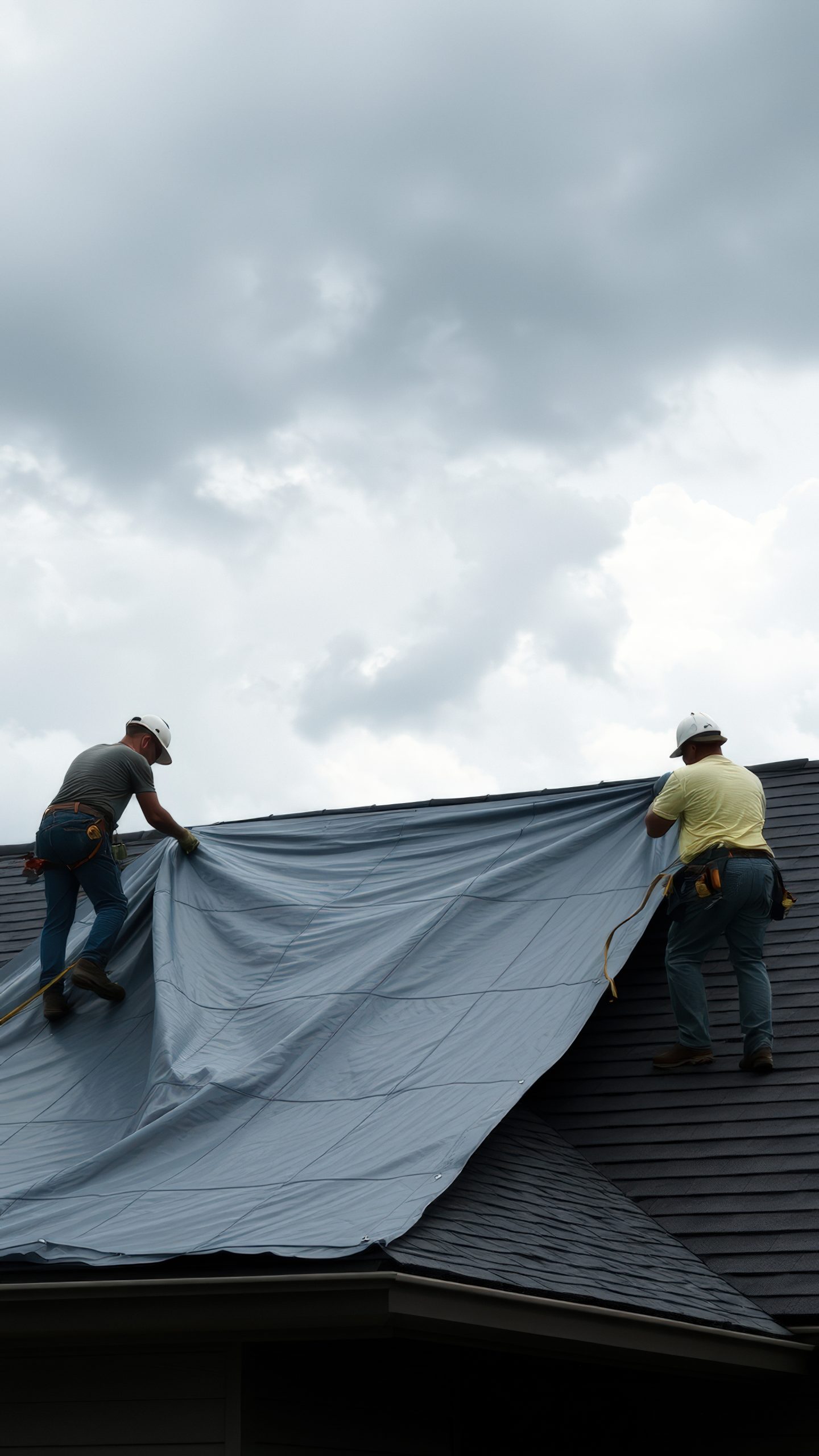 two construction workers covering a roof with a tarp photo